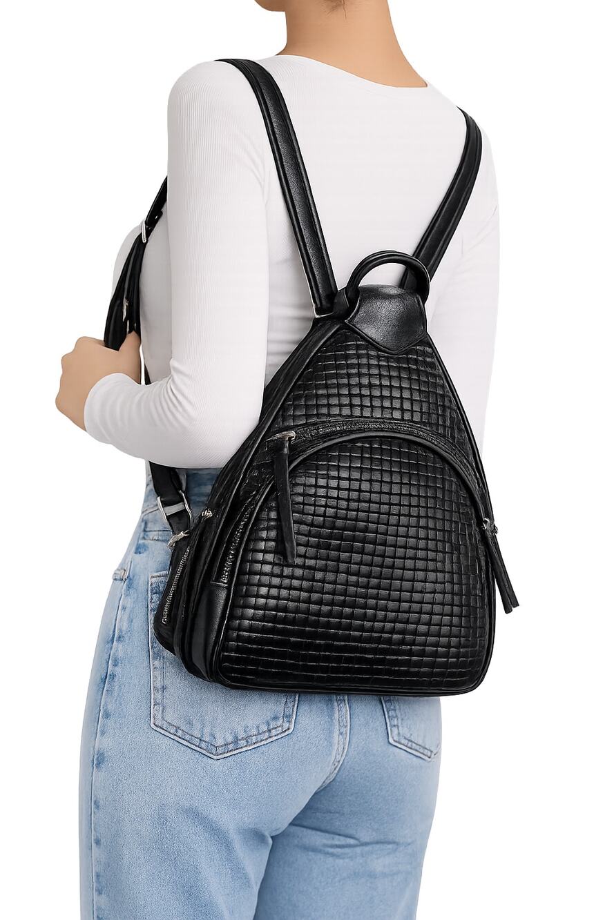 Black Woven Leather Convertible Backpack Purse Bottle Pocket Travel Bag